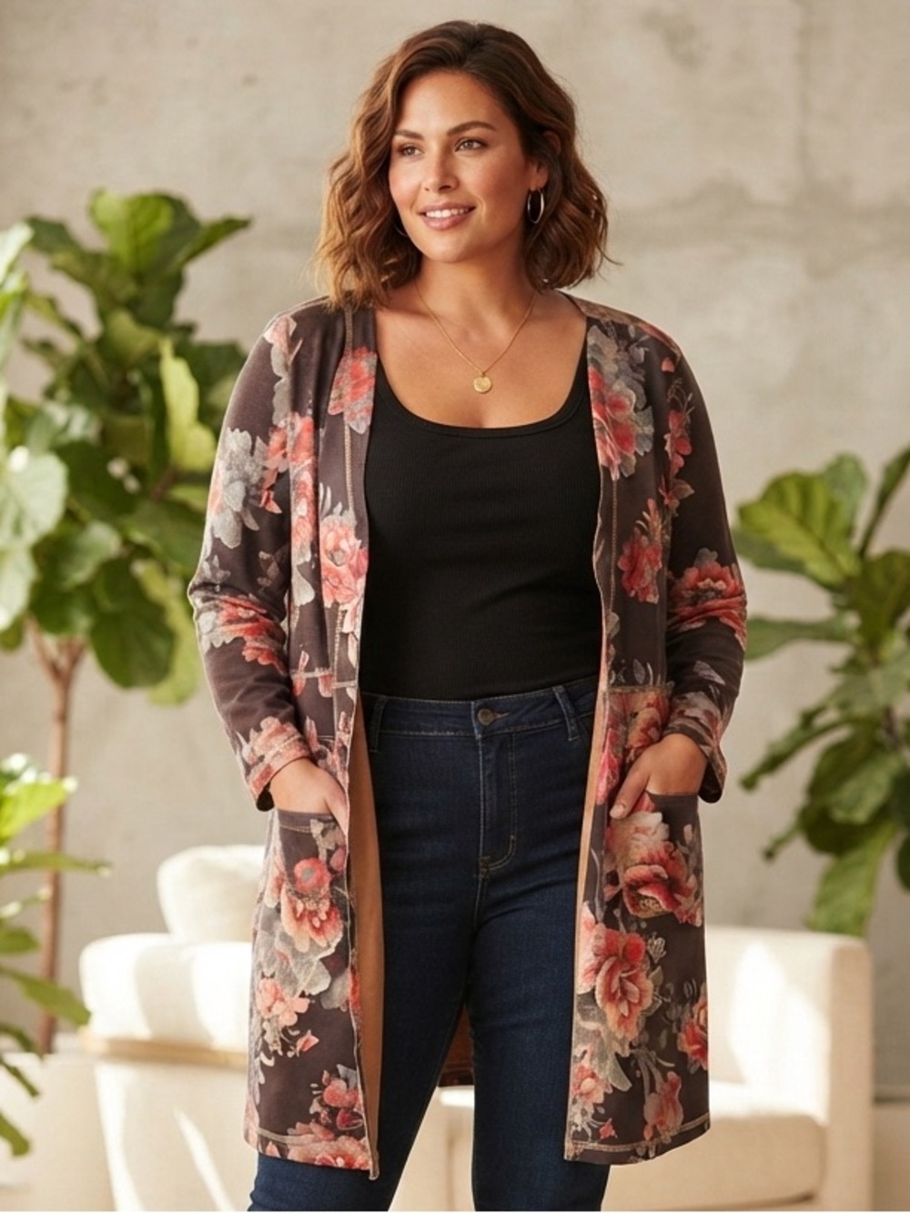 Solitaire Floral Open-Front Cardigan in Brown and Pink